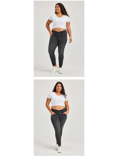 Cross-Waist Plus Size Skinny Jeans with Butt-Lifting Pockets & Monkey Wash
