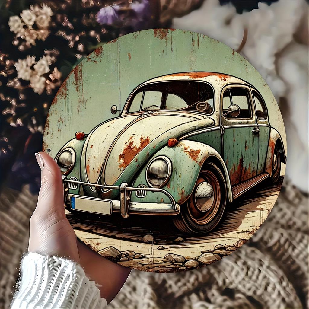 Vintage Rust Beetle 8x8 Inch Round Aluminum Sign
