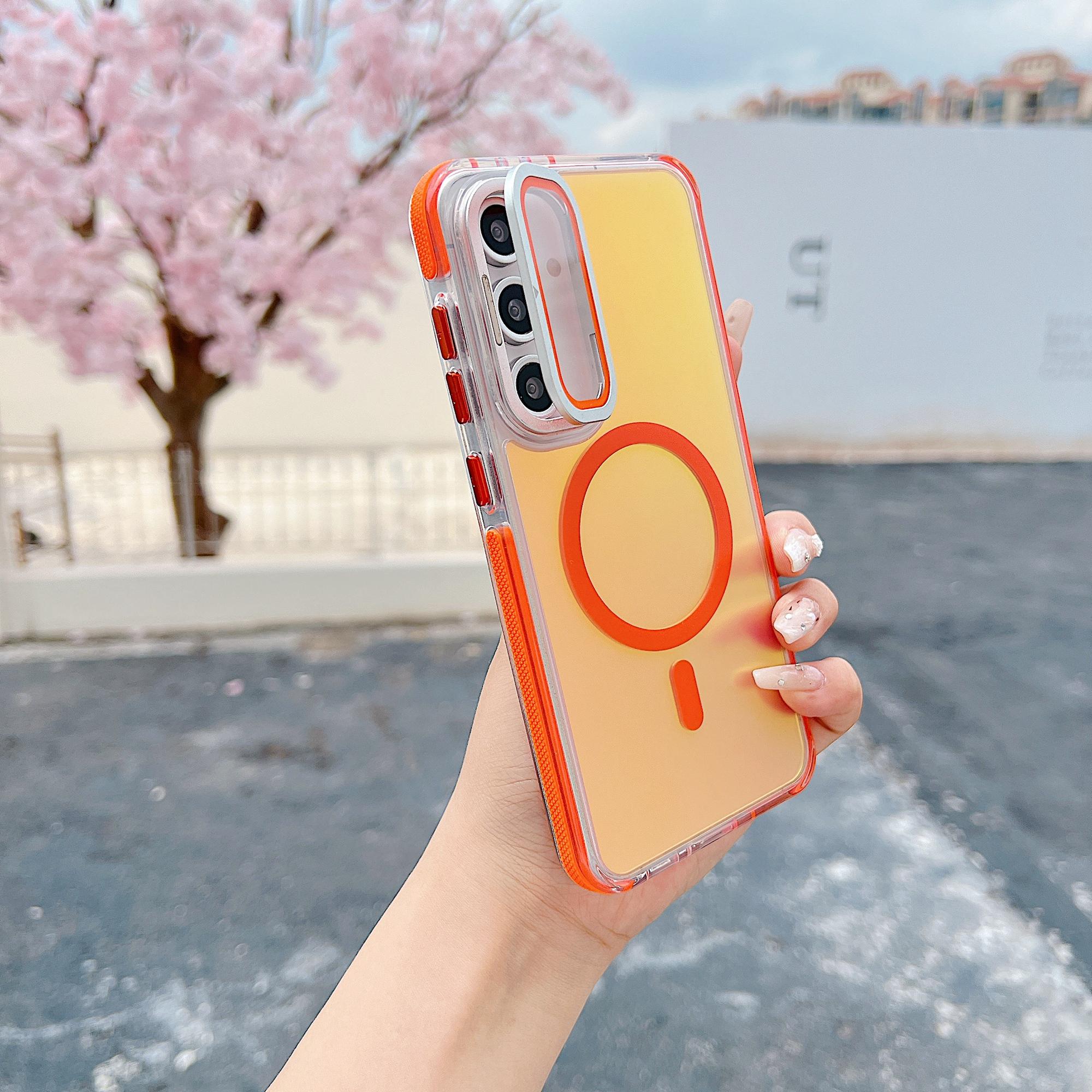 

For Samsung Galaxy S24 FE Magnetic Case TPU Acrylic Phone Back Cover with Lens Film and Kickstand Orange