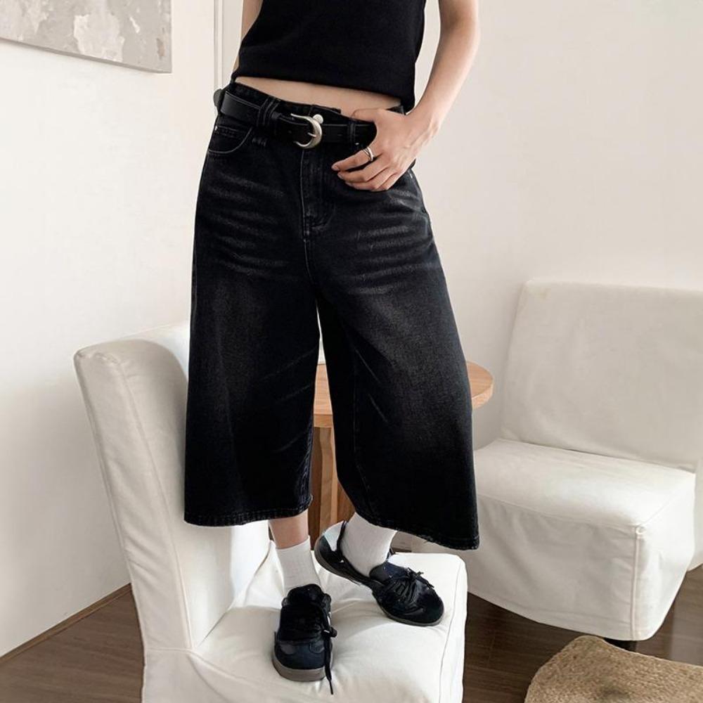 RogueWave Y2k Retro Women Low Rise Jorts Brushed Black Wash Cropped Baggy Jeans Wide Leg Frayed Denim Short Pants Acubi Fashion