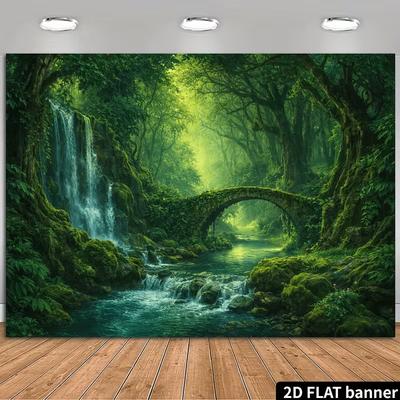 2D Magical Rainforest Party Backdrop, Tropical Waterfall & Mossy Bridge Background Decoration