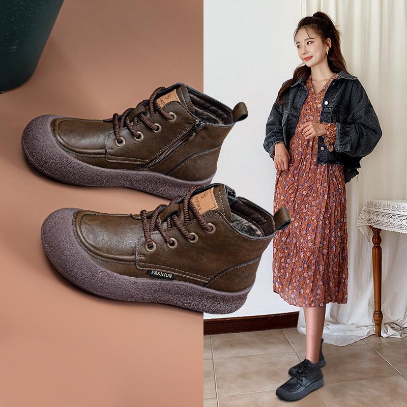 Fashion retro literary soft leather thick-soled Martin boots soft-soled side zipper lace-up small cotton boots