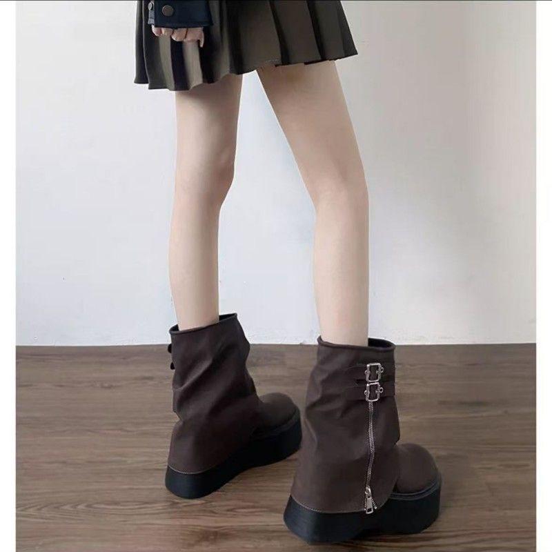 New sweet and cool babes look thin and small, increase height, locomotive trousers boots, retro knight boots, thick-soled short boots for women