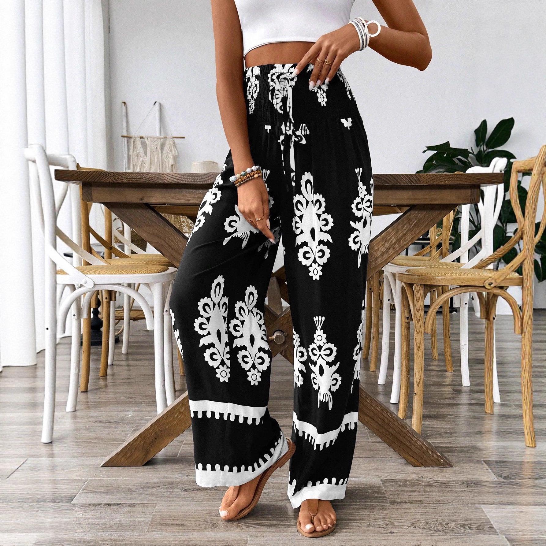 

2025 Bohemian Geometric Print Wide-Leg Pants for Women L чёрный