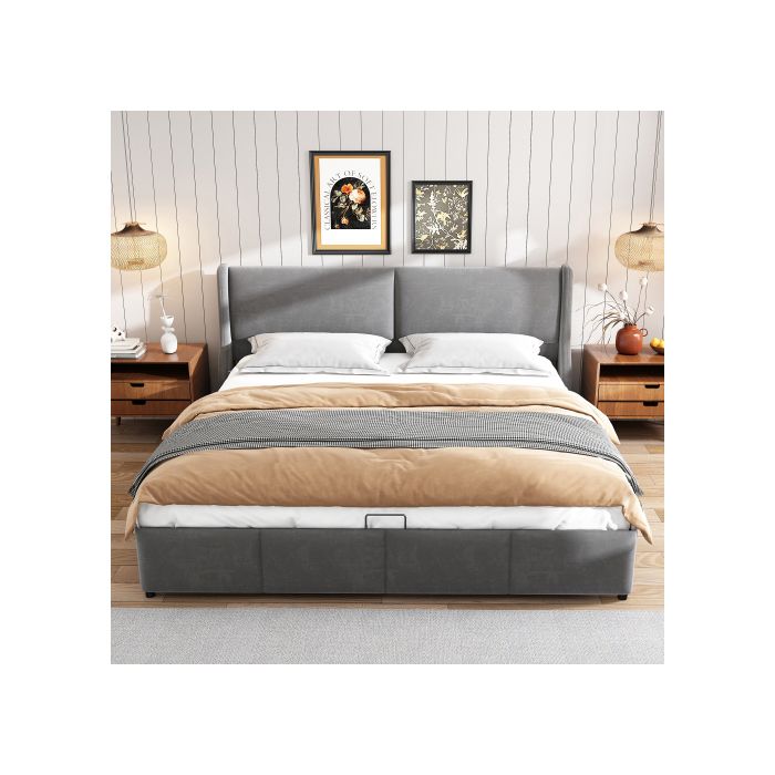 Lit double - MUVOE - 160 x 200 cm - Rembourré - Gris - Coffre de rangement intégré