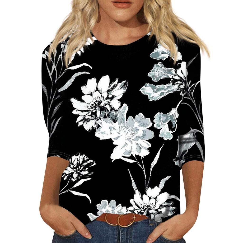 Mote Casual Rund Hals 3/4 Erme Løs Trykket T-skjorte Dame Topp