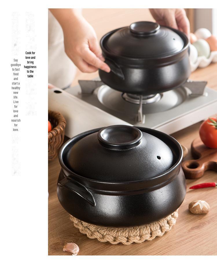 Black Stoneware Korean Drum-shaped Casserole: High-Temperature Resistant Ceramic Stew Pot for Household and Commercial Use
