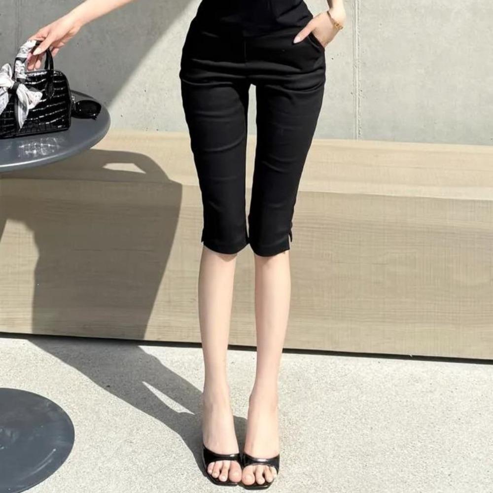 Women's High Rise Capri Pants Solid Color Slim Fit Cropped Trousers Medium Stretch Side Slit Denim Shorts For Spring Daily Wear