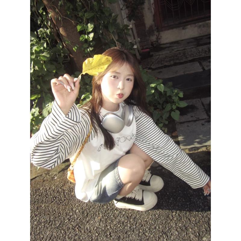 Letter Printed Striped Women's T-shirt Round Neck Minimalist Long Sleeved Pullover New Korean Loose Autumn Woman Top