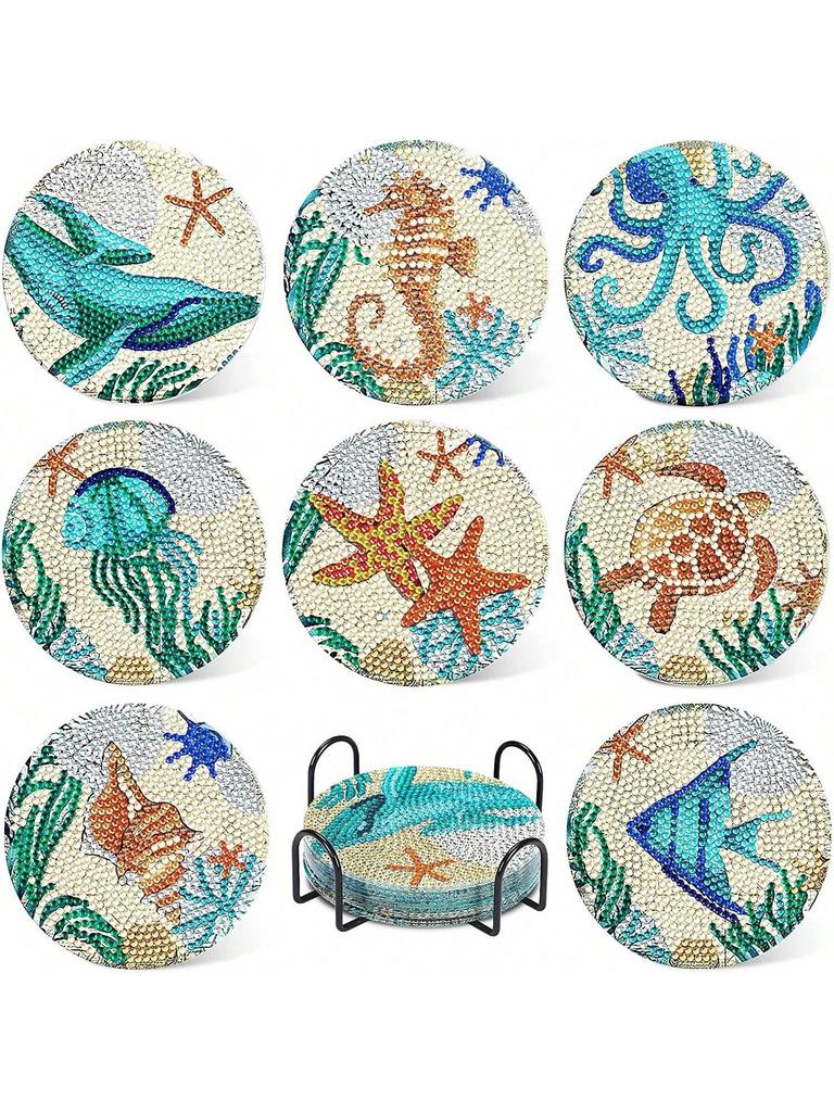 8 Pcs Sea Creature Diamond Painting Coaster Set, Diy Acrylic Coaster With Stand, Diamond Painting Kits, Art Craft Supplies