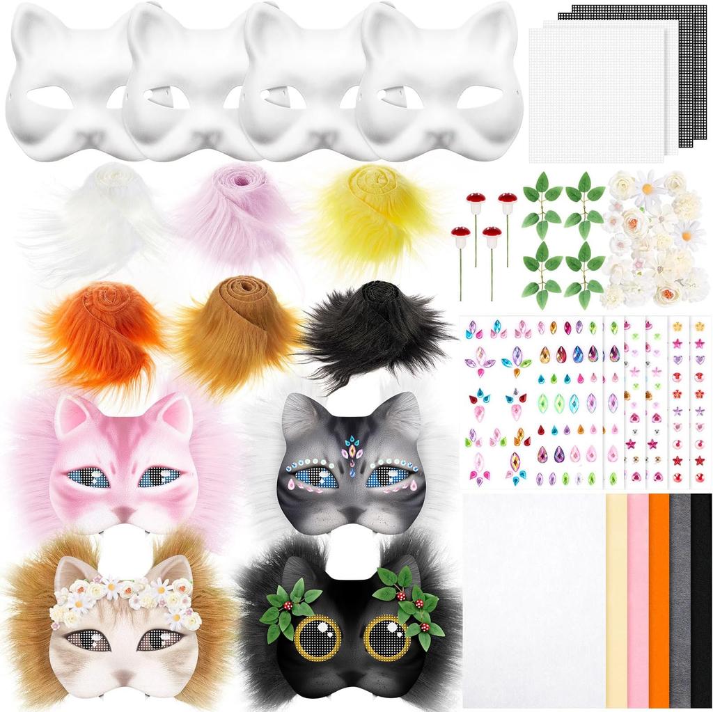 31Pcs DIY Therian Mask Kit Paper Blank Masks Half Face Hand-painted Cat Mask Set for Therian Gear Stuff Masquerade Cosplay Party