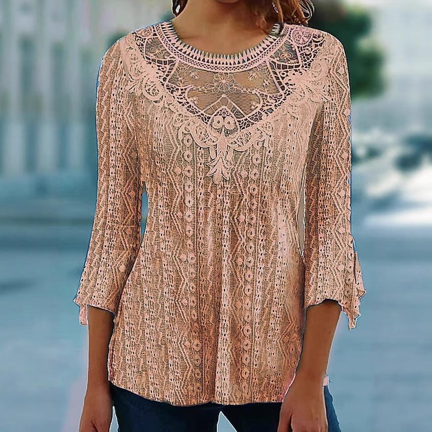 Women Casual Loose Hollow Lace Spliced Three Quarter Sleeve Top