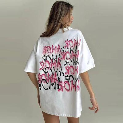 Camiseta de Algodão Oversized com Design de Estampa de Letras Feminina Verão Moda Manga Curta Solta Gola Redonda Camiseta Causal Feminina