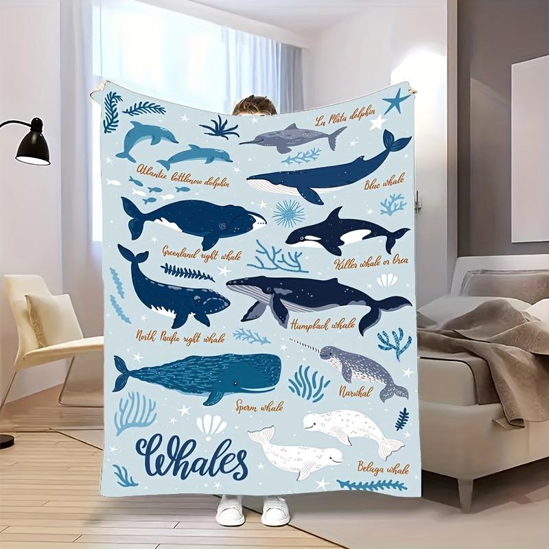 Ocean Whale Dolphin Flannel Blanket - Soft Warm and Cozy Blue Theme Blanket for Sofa/Bed/Travel, Perfect Gift, High Quality