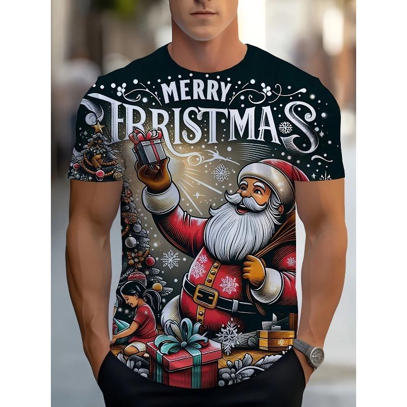 Christmas Men's Shirt, Snow Train Scene Printed T-shirt, Soft and Durable Fabric, Fashionable and Casual Christmas Clothing