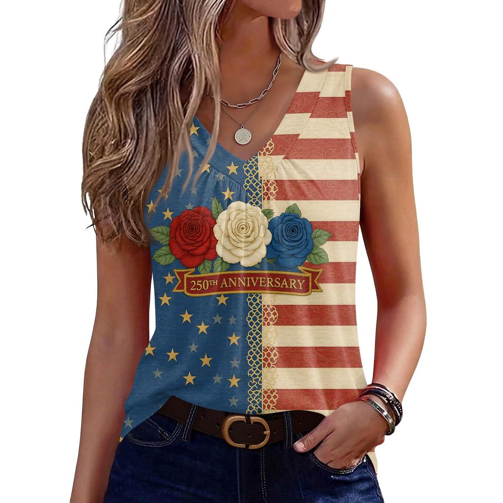 Womens Sleeveless V Neck Tank Top with America Print 1776 2026 Flag Graphic Casual Loose Fit Summer Shirt