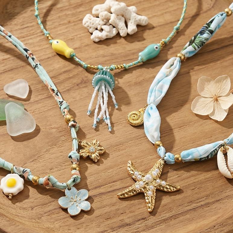 Summer Style Elegant Stainless Steel Gold Plated Scarf Necklace DIY Flower Marine Organisms Pendant Women's Jewelry Holiday