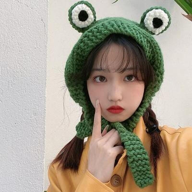 Kuos cute knit frog hat green