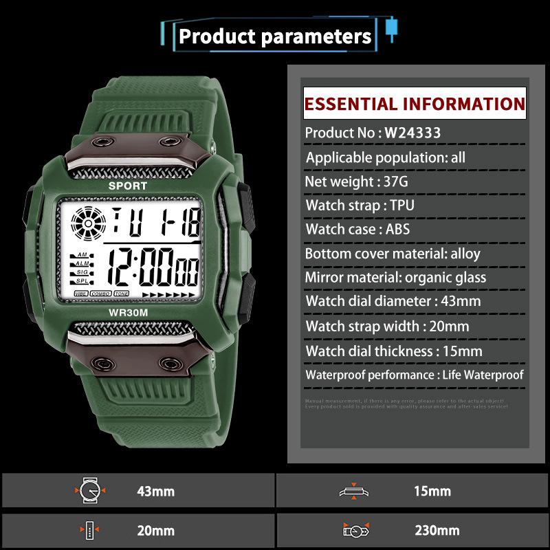Męskie zegarki sportowe Wodoodporny Zewnętrzny Cyfrowy LED Budzik Zegarek elektroniczny