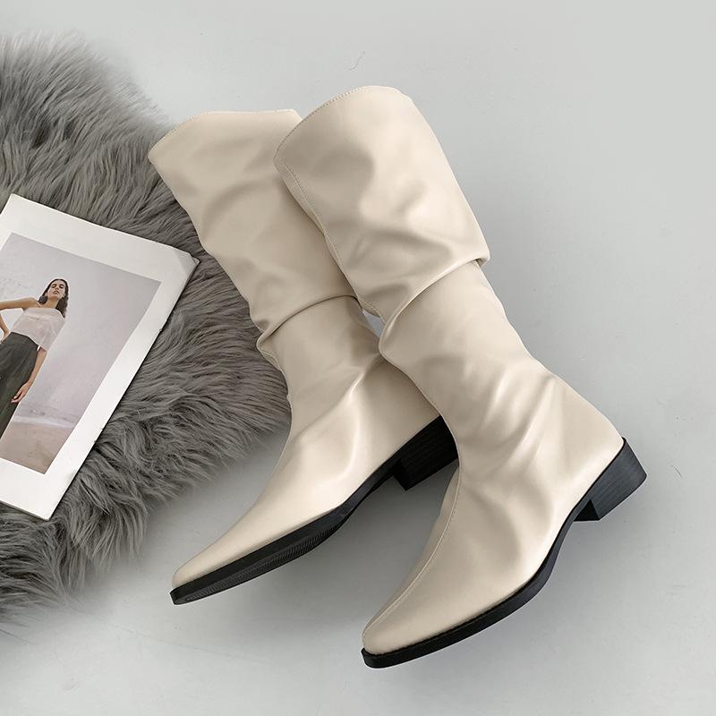 Black retro pointed thick heel boots women's 2025 new summer small man but knee thin pile boots