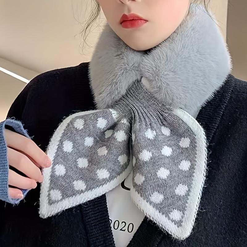 Women Autumn Winter Scarf Dot Print Patchwork Color Plush Shawl Knitting Cross Scarf Collar Thick Neck Wrap