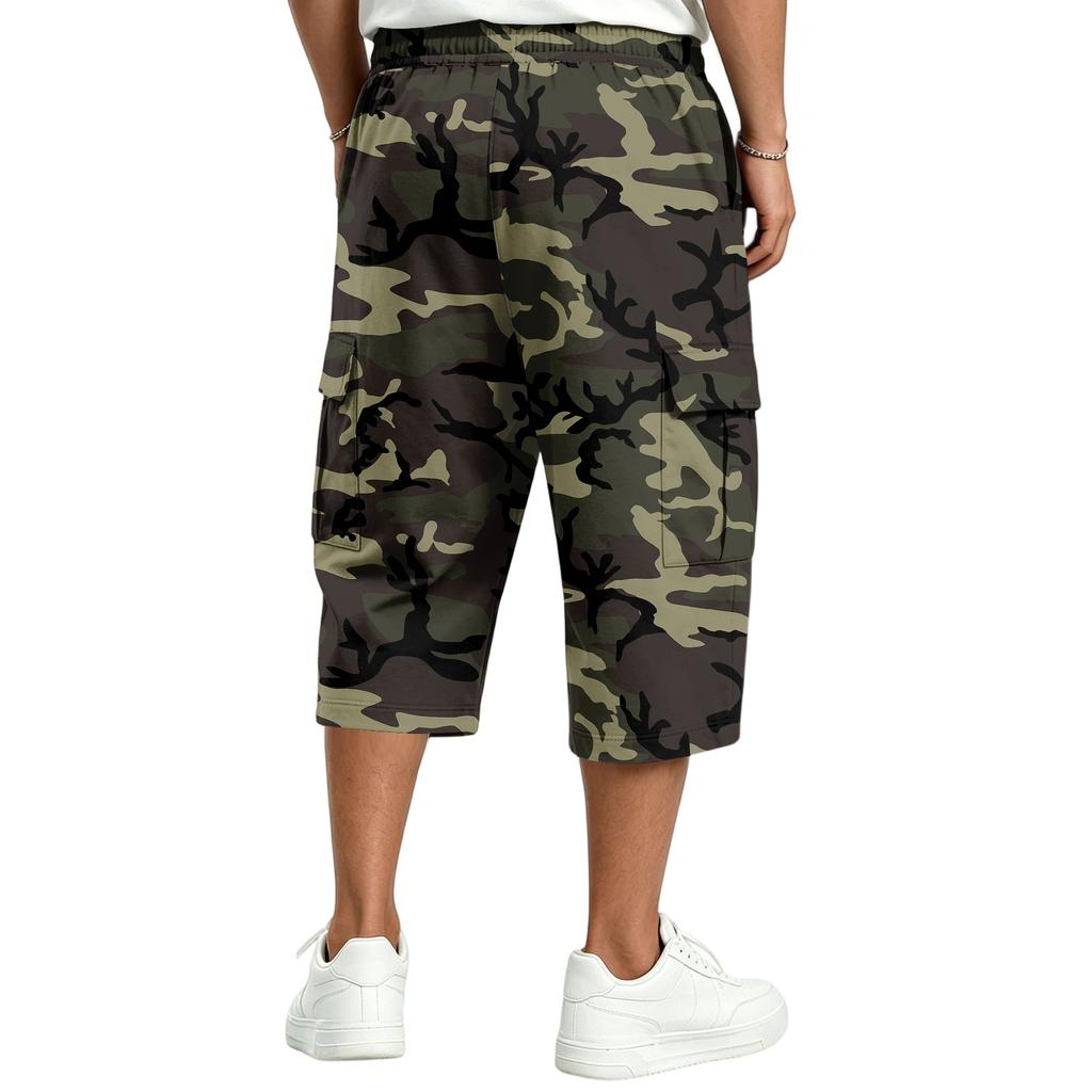 Men's Casual Drawstring Cargo Shorts with Camouflage Print Knee Length for Outdoor Everyday Wear