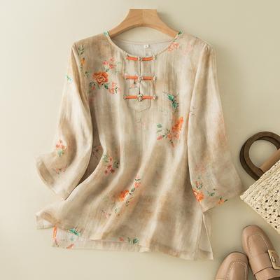 Aprikosen-Blumendruck im chinesischen Stil, O-Ausschnitt, kurzärmeliges T-Shirt für Damen, Bluse, koreanische Mode, Damenbekleidung