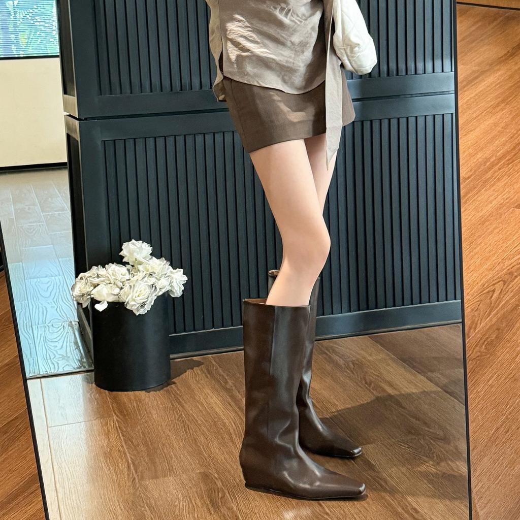 Cowhide version of the new Maillard wide tube square head knight boots inner height increase and thin boots brown knee boots children