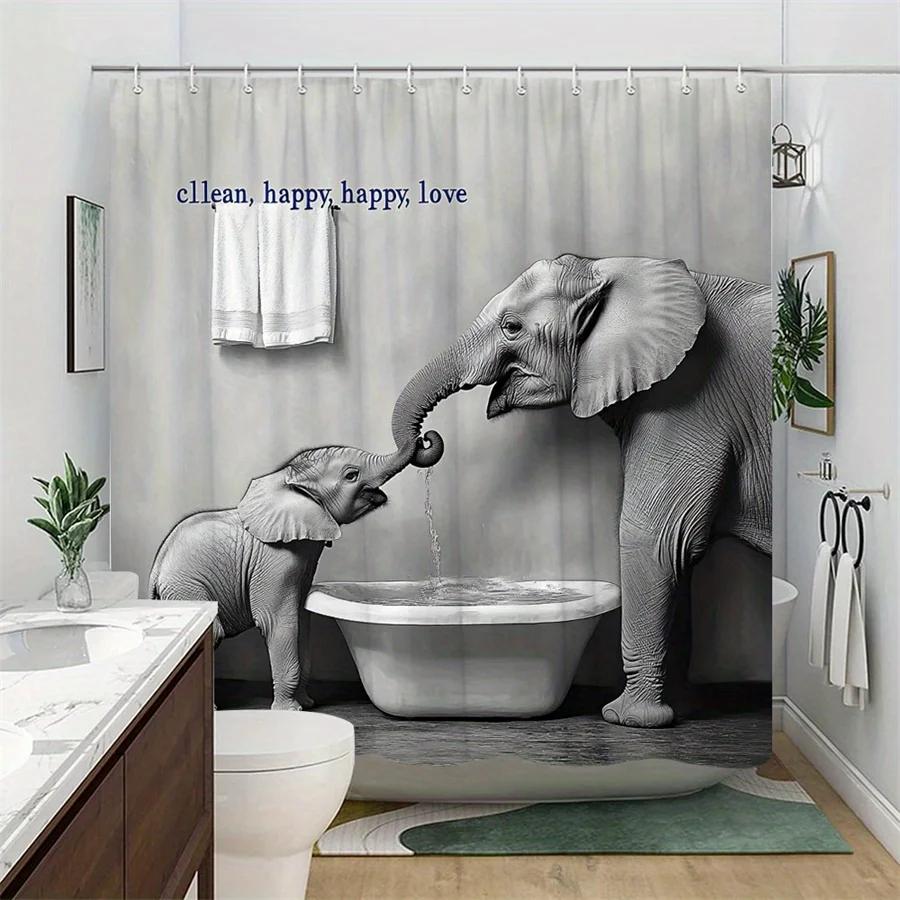 1Pc & Adult Elephant With Bathtub Shower Curtain - Black-And-White Photography Design, Minimalist Bathroom Decor, Durable Polyes