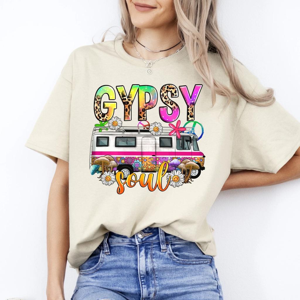 Gypsy soul T-Shirt gift Hippy travel bus peace flowers Unisex tee Sand White Spo