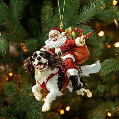 Santa Claus Dog Christmas Ornaments Funny Santa Claus Riding Puppy Ornaments 2D Acrylic Animal Christmas Hanging Decoration for Dog Lovers