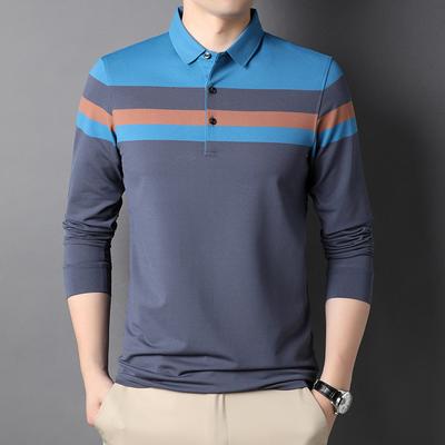 T-shirt da uomo a manica lunga per primavera e autunno, nuova, per mezza età, casual, a righe, con colletto, ampia, maglia POLO