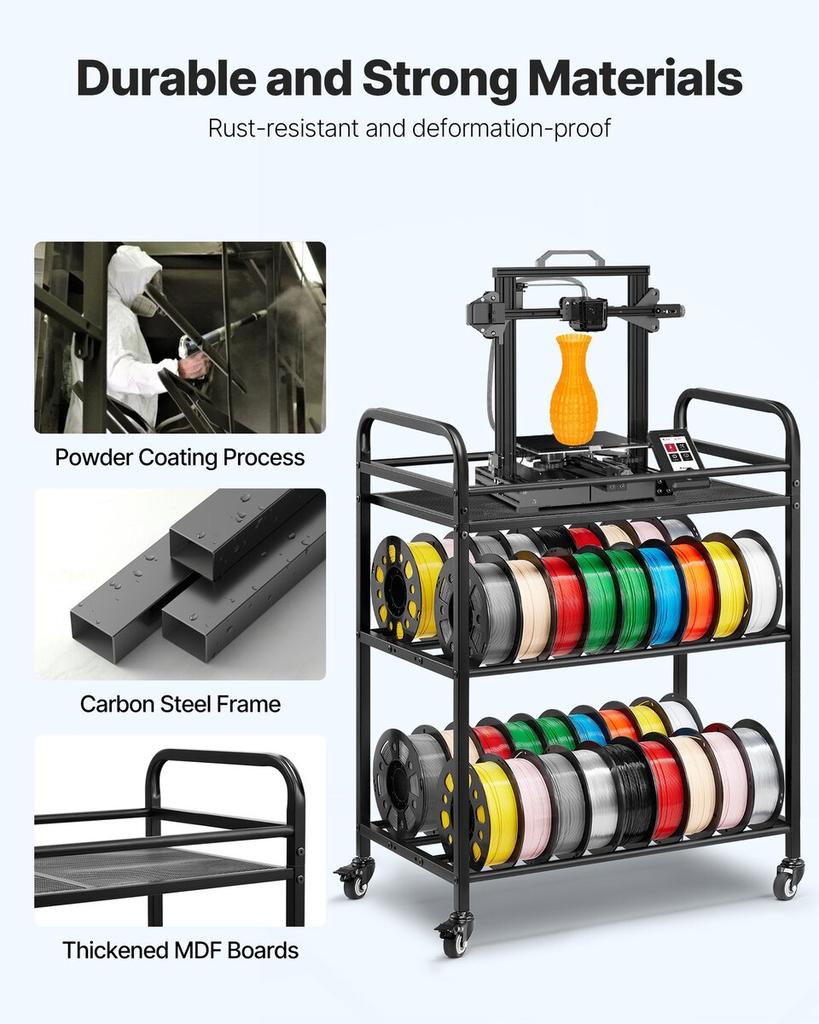 3D Printer Filament Storage Rack, 3 Tier Heavy Duty Storage Shelf, Rolling Filament Spool Holders Racks with Wheels, Filaments Organzied for 3D