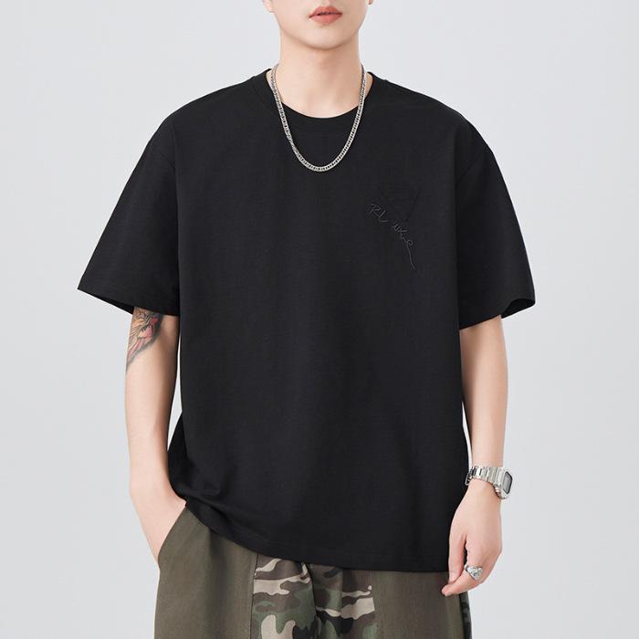 New Summer Short-sleeved T-shirt for Men's Embroidery Simple Solid Color Versatile Five-point Sleeve T-shirt Loose