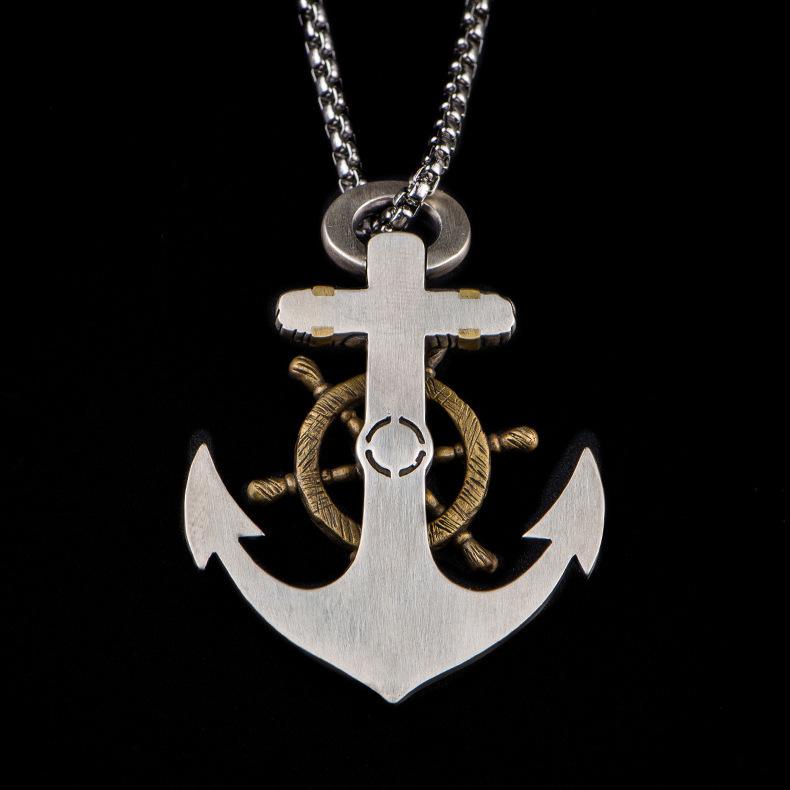 Retro Anchor Necklace Mens Trendy European and American Street Personality Compass Rudder Pendant Hip Hop