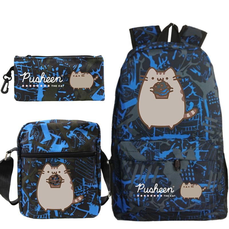 Pusheen fette Katze niedlicher Cartoon bedruckter Schulranzen grenzüberschreitende Studenten tragbare Umhängetasche Federmäppchen dreiteiliges Set