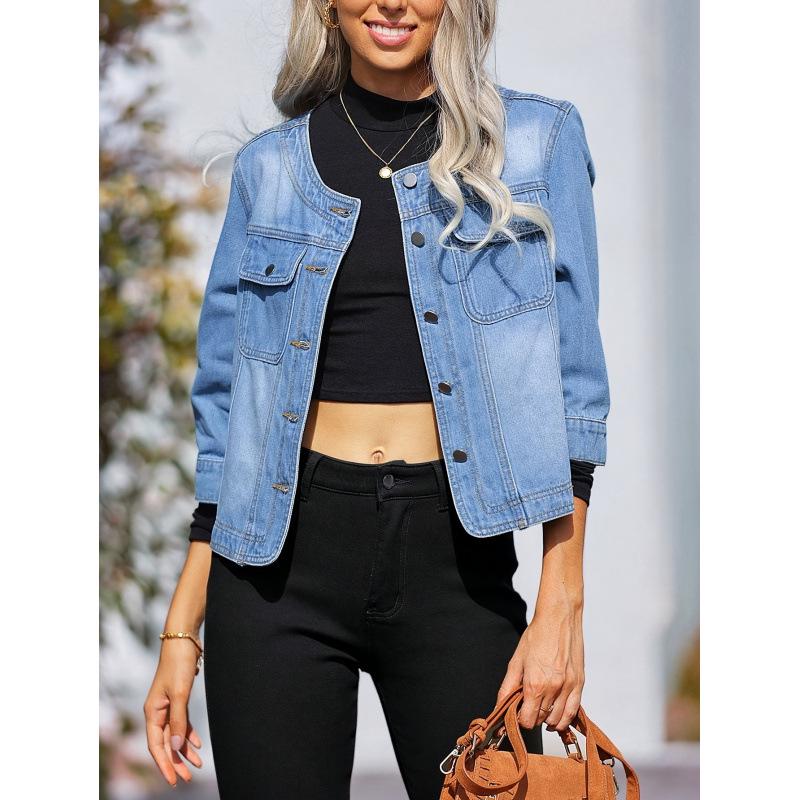 2026 Korean-European Women's Light Blue Single-Breasted Denim Jacket