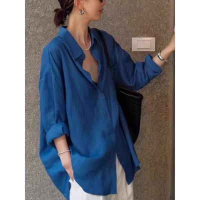 Premium Linen Sunscreen Long Sleeve Shirt Slack Versatile Cardigan Jacket Thin Loose Hemp Blue Shirt
