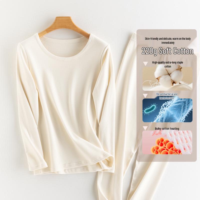 Women's 100% Cotton Antibacterial Long Johns & Underwear Set - Autumn/Winter Warm, Round Neck, Skin-Friendly Base Layer