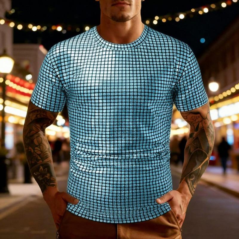 Mens Silver Sequin Square Pattern Short Sleeve Crew Neck Party T-Shirt
