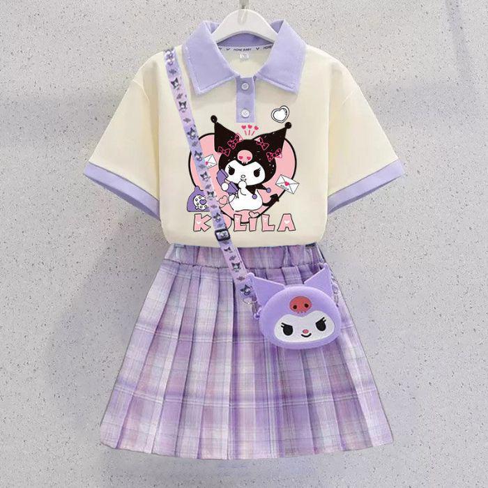 Kuromi Girls' Summer Cartoon JK Skirt Set - Short Sleeve Dress for Middle and Big Kids