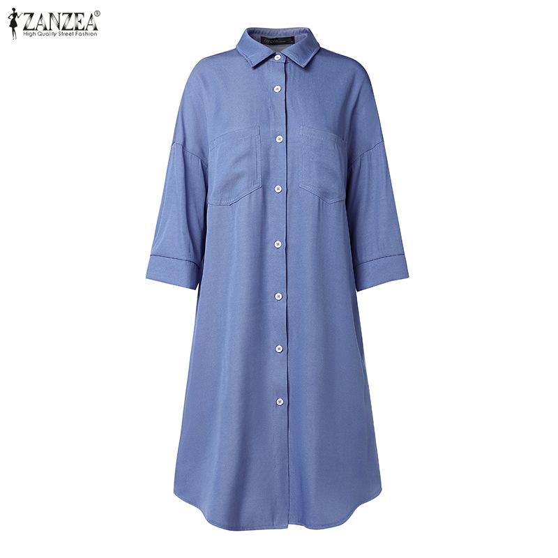ZANZEA Abito Chemisier Casual Lento da Donna con Collo a Revers e Maniche a 3/4