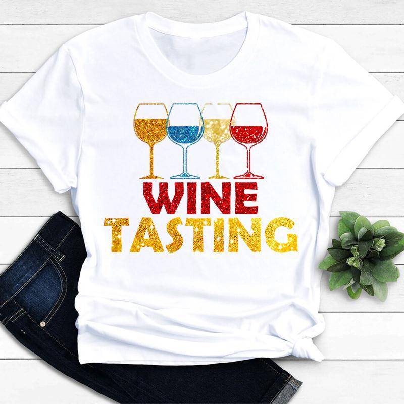 Womens Vintage Tee Color Wine Glass Print a Generation Hair Base Shirt Trend Aesthetic Graphic T Shirts Casual Tops
