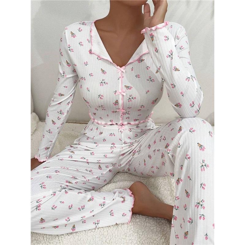 

Women s Long Sleeve Floral Pajamas Set Casual Home Sleepwear XL білий