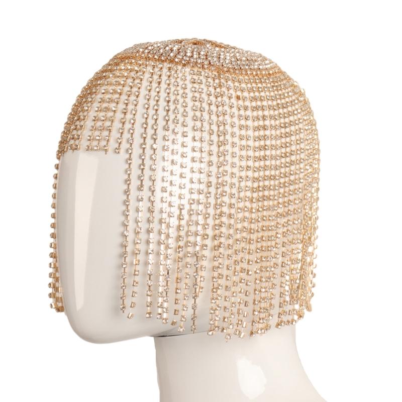 

Long Tassels Rhinestone Head Covering for Women Night Club Party Hair Chain Hat Stage Performances GalaDinner Headpieces