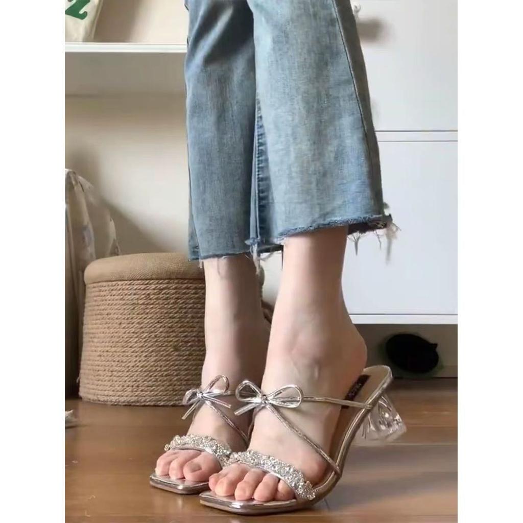 2025 Fairy Wind Crystal Heel with Skirt Sandals Rhinestone Thick Heel Sandals Women Wear French Square Head High Heel Slippers