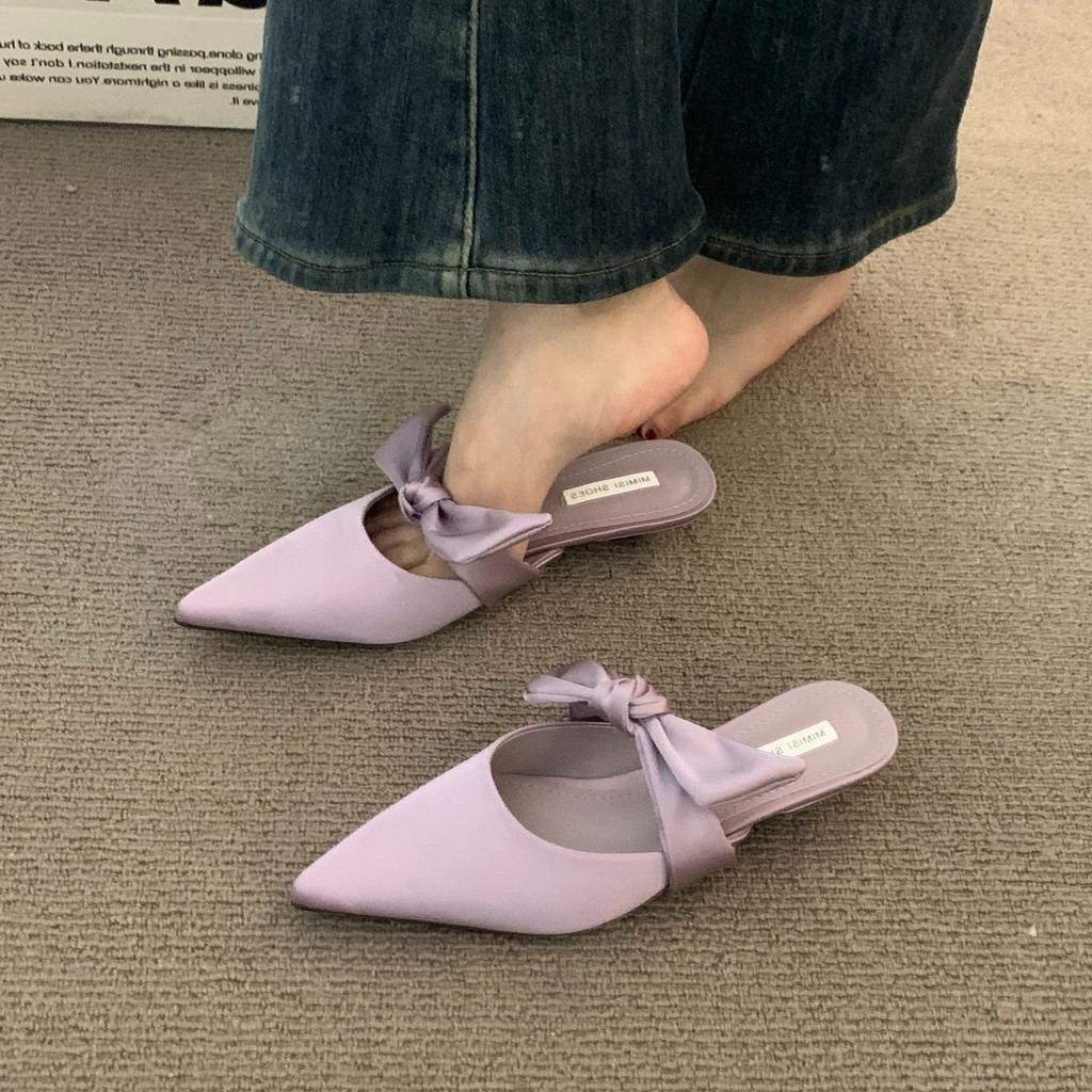 stiletto bow baotou half slippers shoes spring and summer 2025 satin purple half slippers single shoes