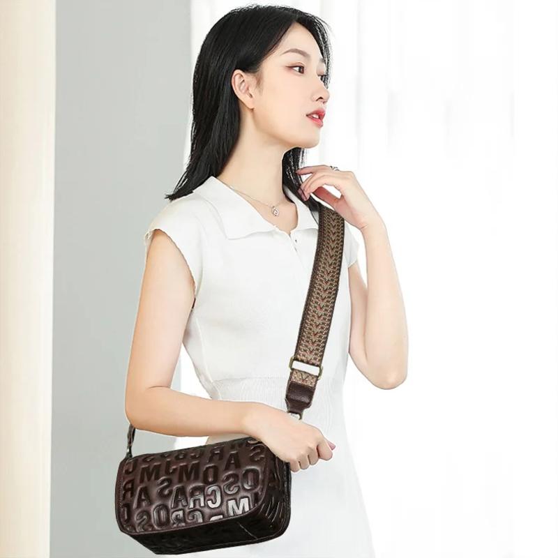 Johnature Retro Genuine Leather Letter Embossed Women's Bag Versatile Wide Shoulder Strap Shoulder Crossbody Bag