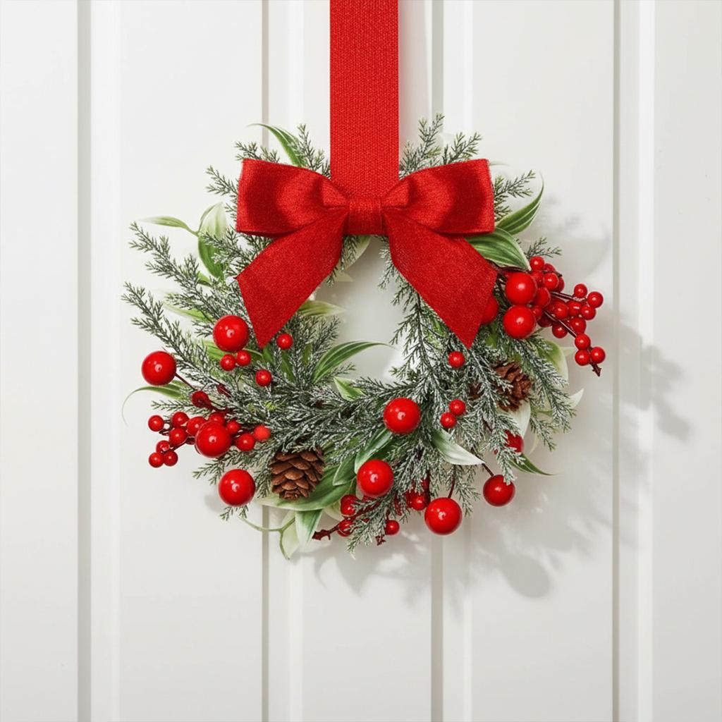 7 Inch Christmas Door Wreath with Bow Ribbon Red Berry Christmas Cabinet Wreath for Door Windows Wall Outdoor Xmas Decoration
