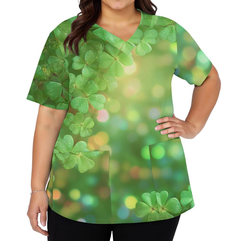 Women's Fashion V-neck Short Sleeve Workwear With Pockets Printed Tops